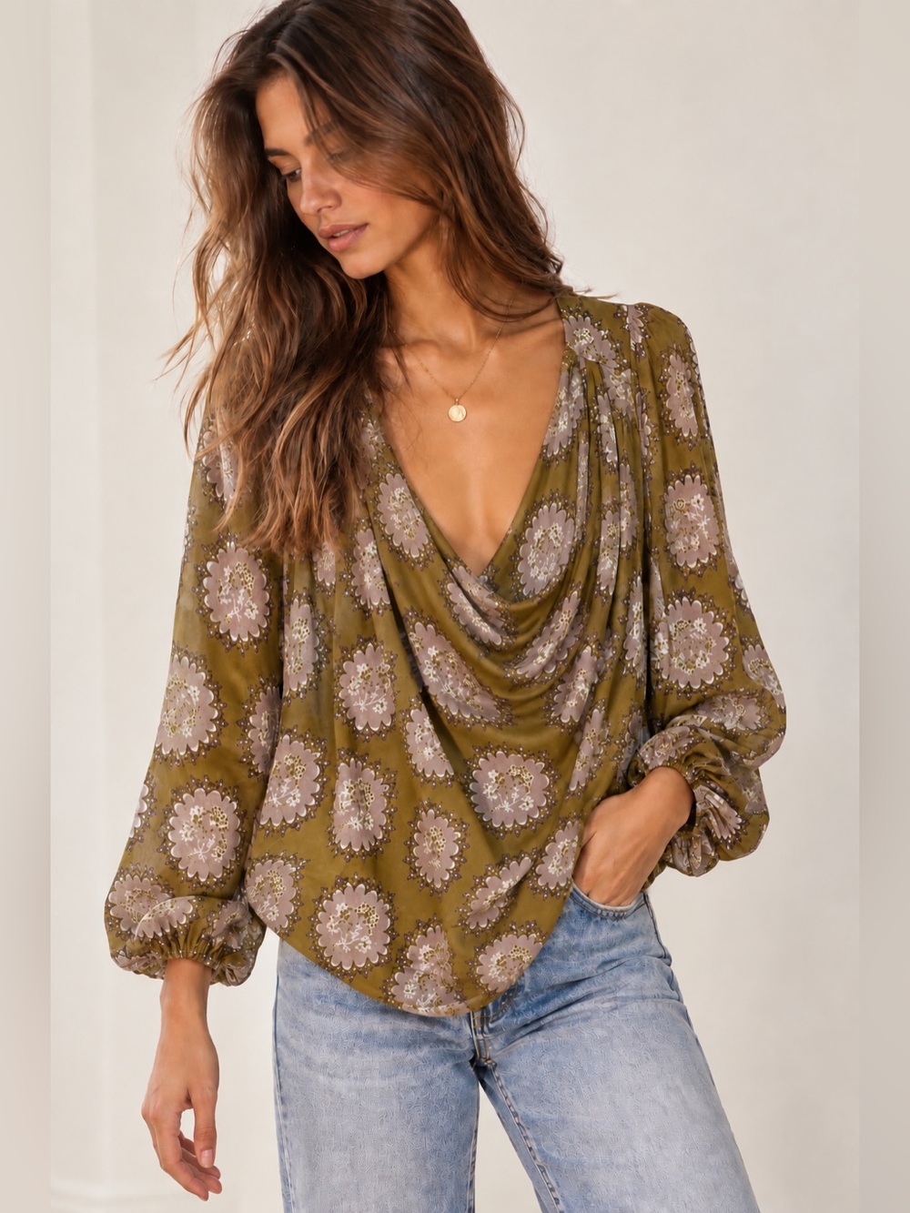 Free People Cowling Around Cowl Neck Floral Blouse Size M 🌿